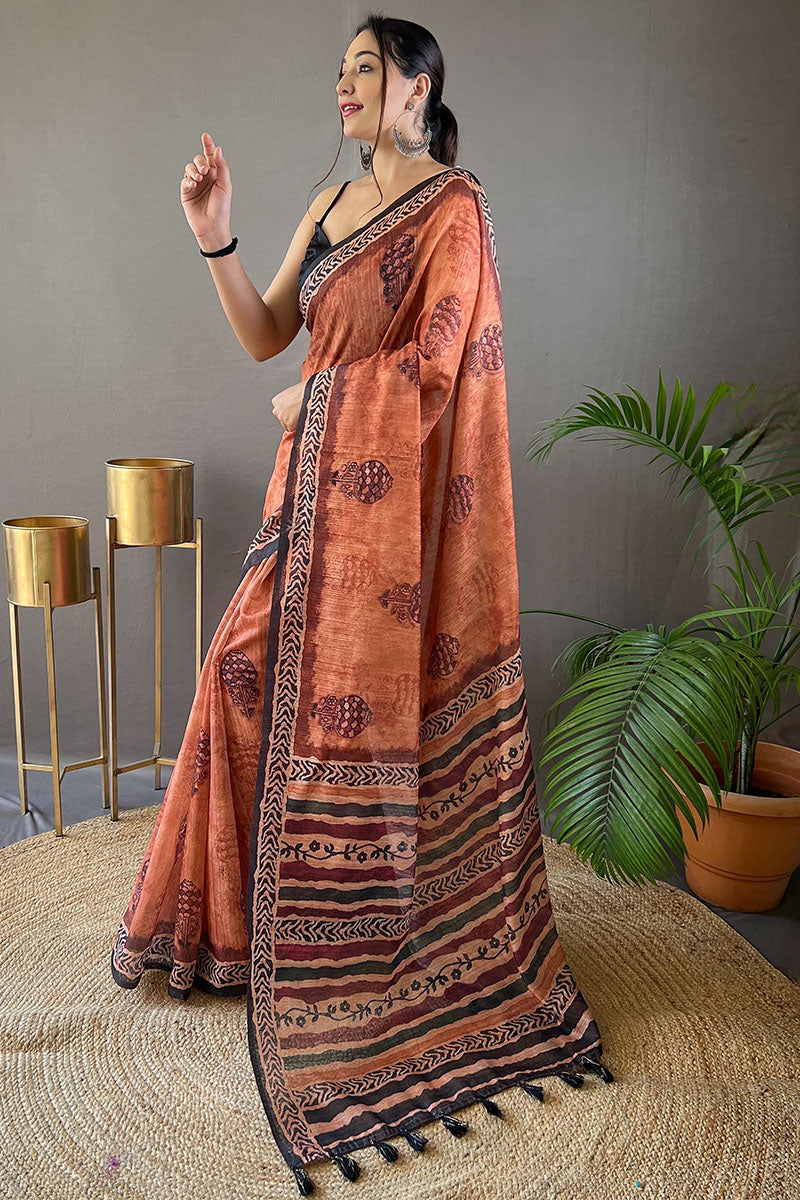 Deep Peach Printed Tussar Silk Saree