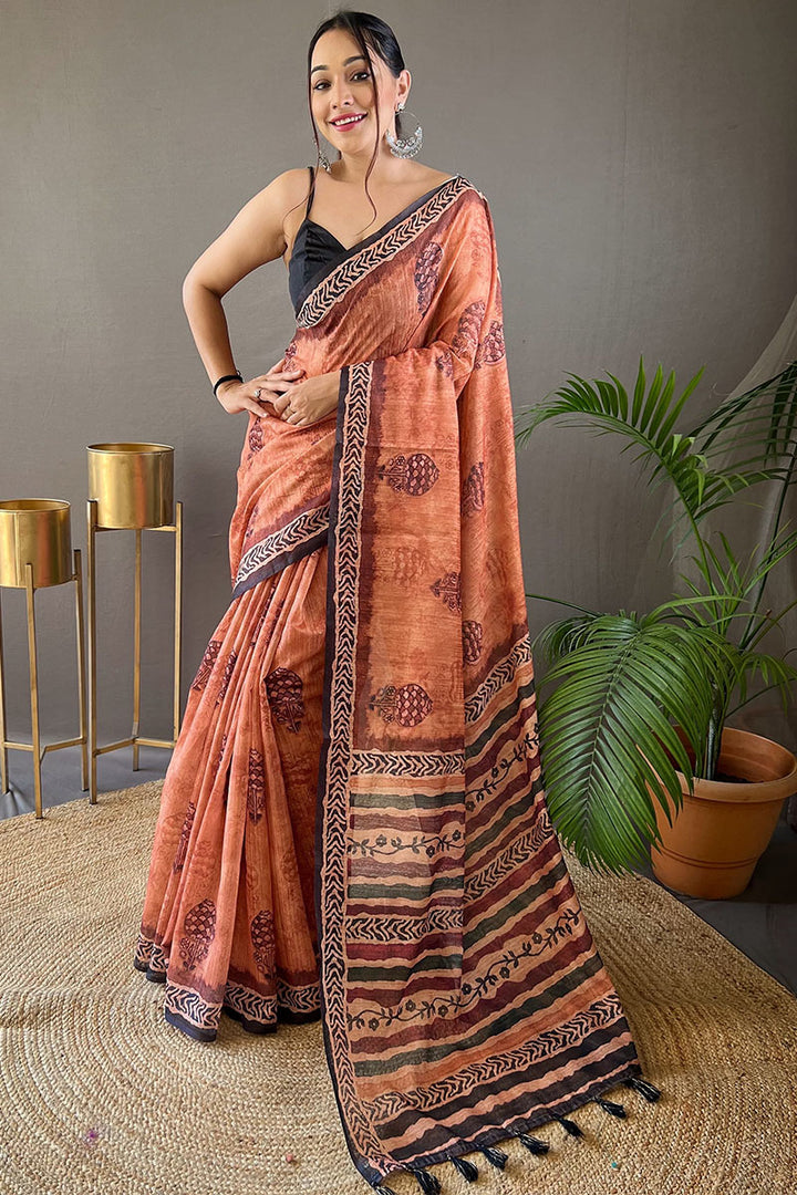 Deep Peach Printed Tussar Silk Saree