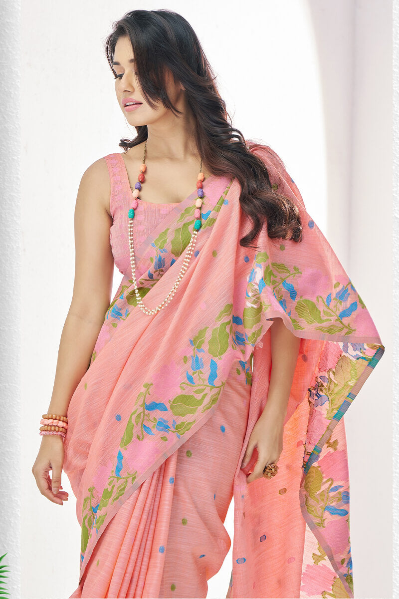 Deep Peach Soft Linen Silk Saree