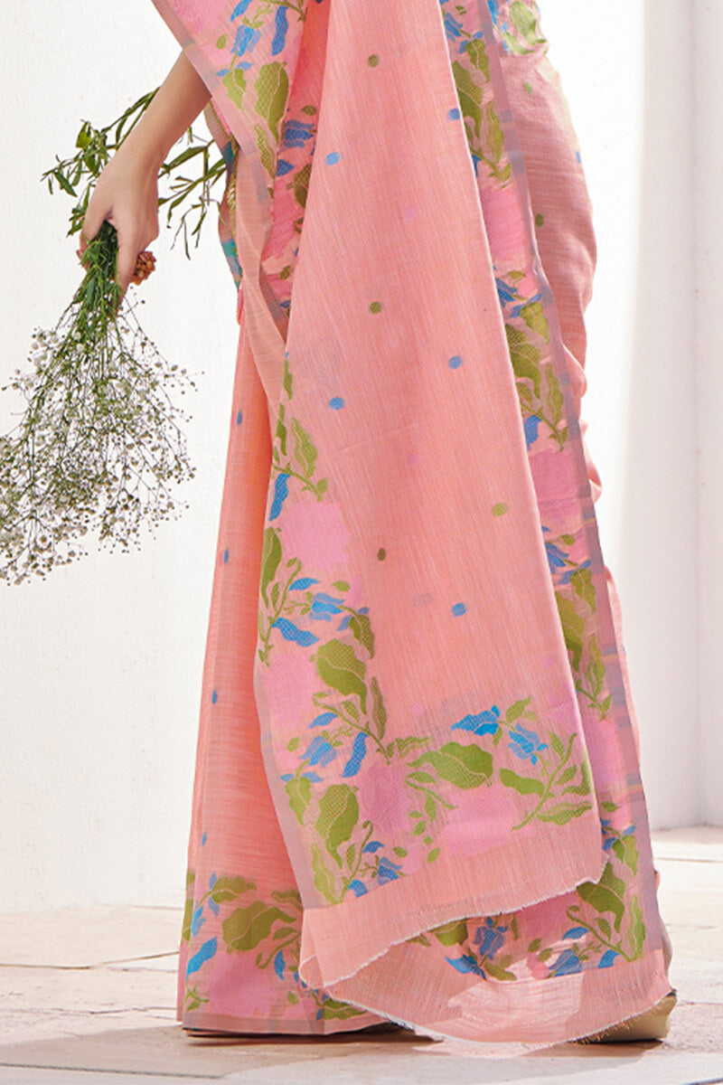 Deep Peach Soft Linen Silk Saree