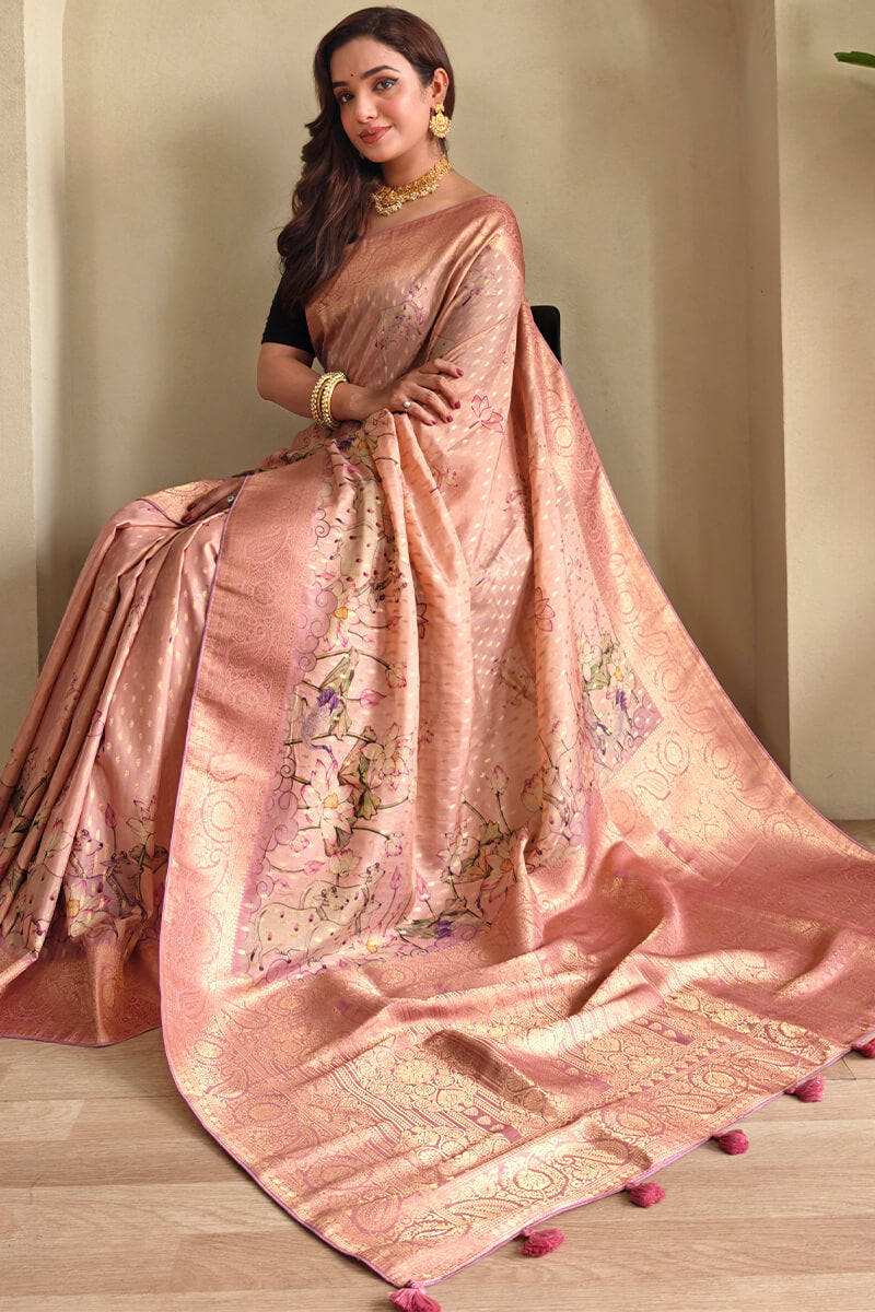 Deep Peach Viscose Georgette Printed Banarasi Silk saree