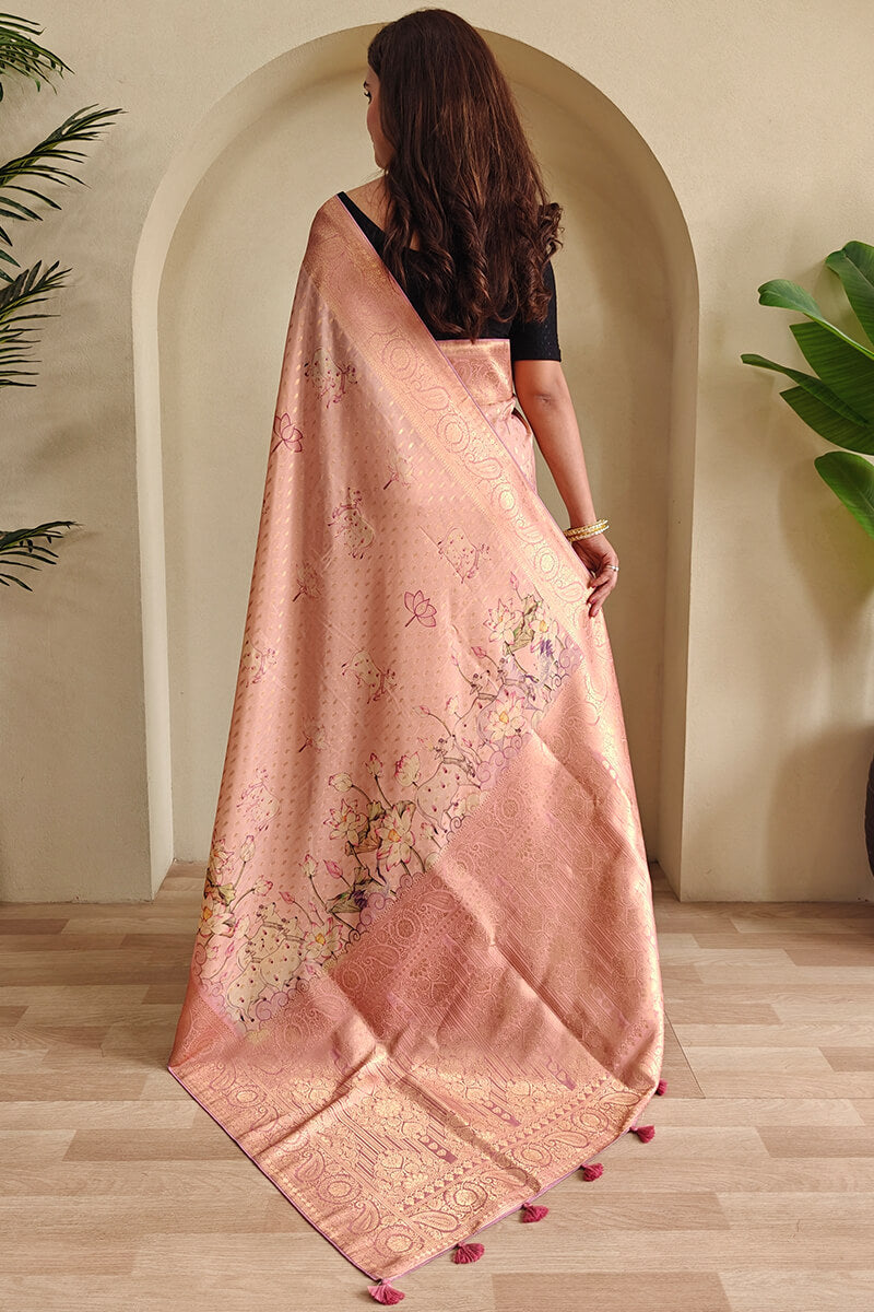 Deep Peach Viscose Georgette Printed Banarasi Silk saree