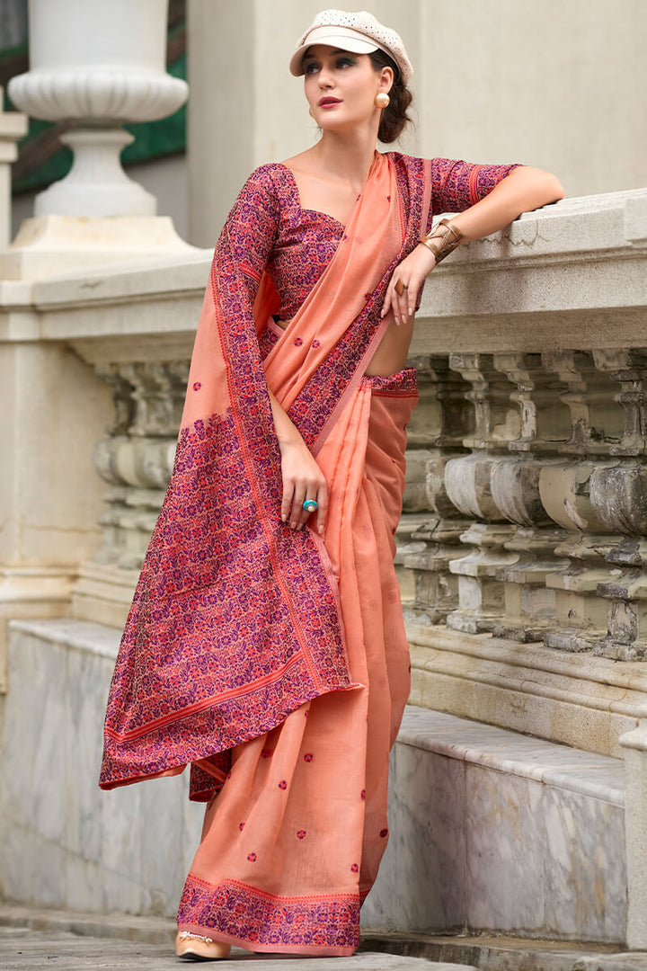 Deep Peach Woven Soft Linen Silk Saree