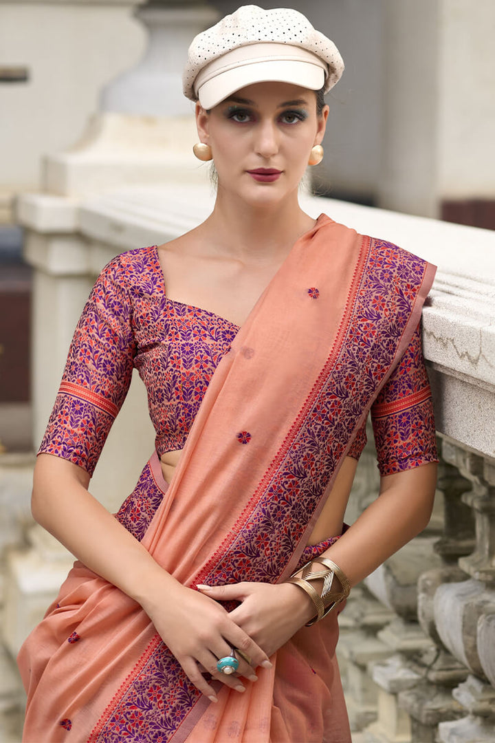 Deep Peach Woven Soft Linen Silk Saree