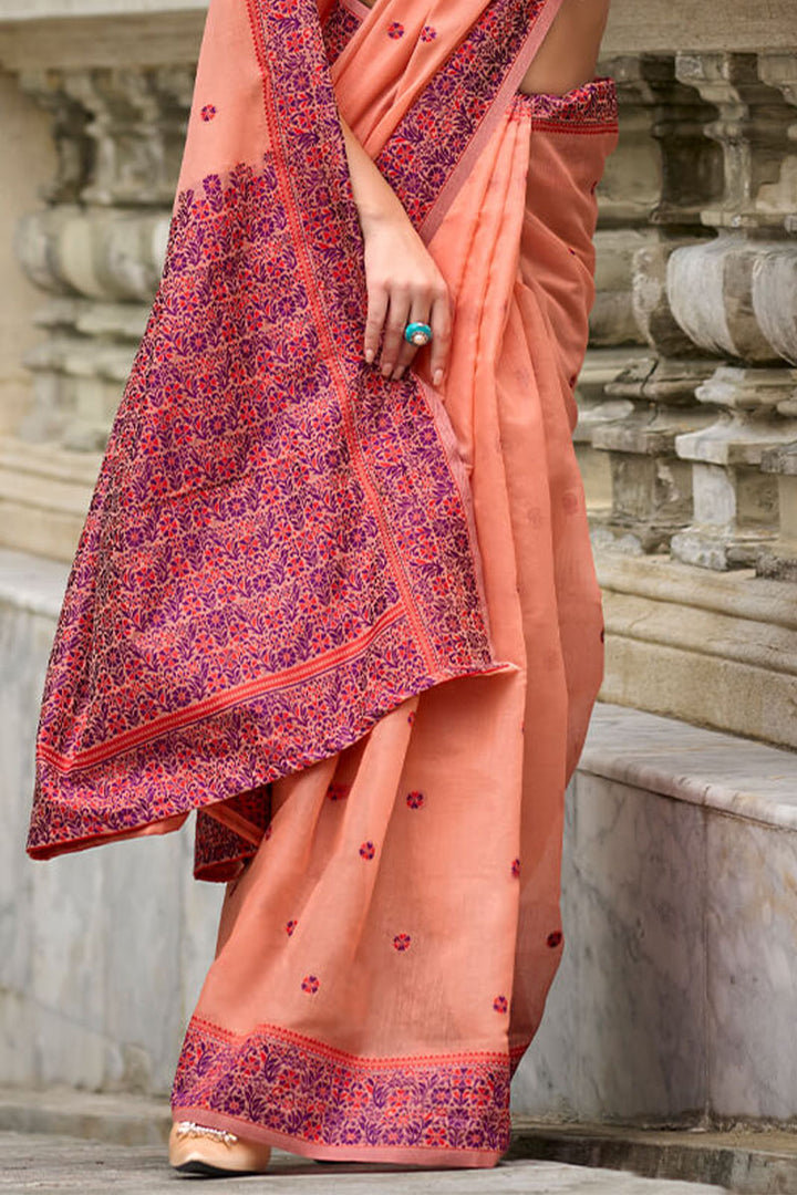 Deep Peach Woven Soft Linen Silk Saree