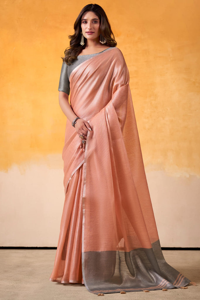 Deep Peach Zari Woven Tissue Silk Saree