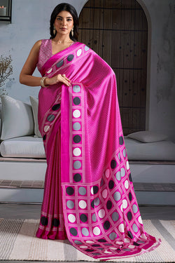 Deep Pink Ajrakh Printed Satin Crepe Silk Saree