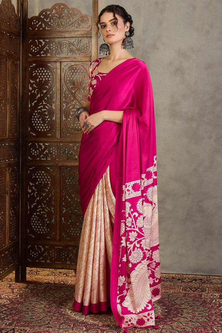 Deep Pink Printed Satin Silk Saree