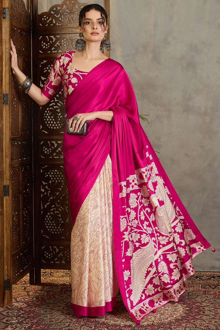 Deep Pink Printed Satin Silk Saree