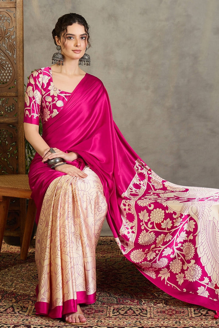 Deep Pink Printed Satin Silk Saree