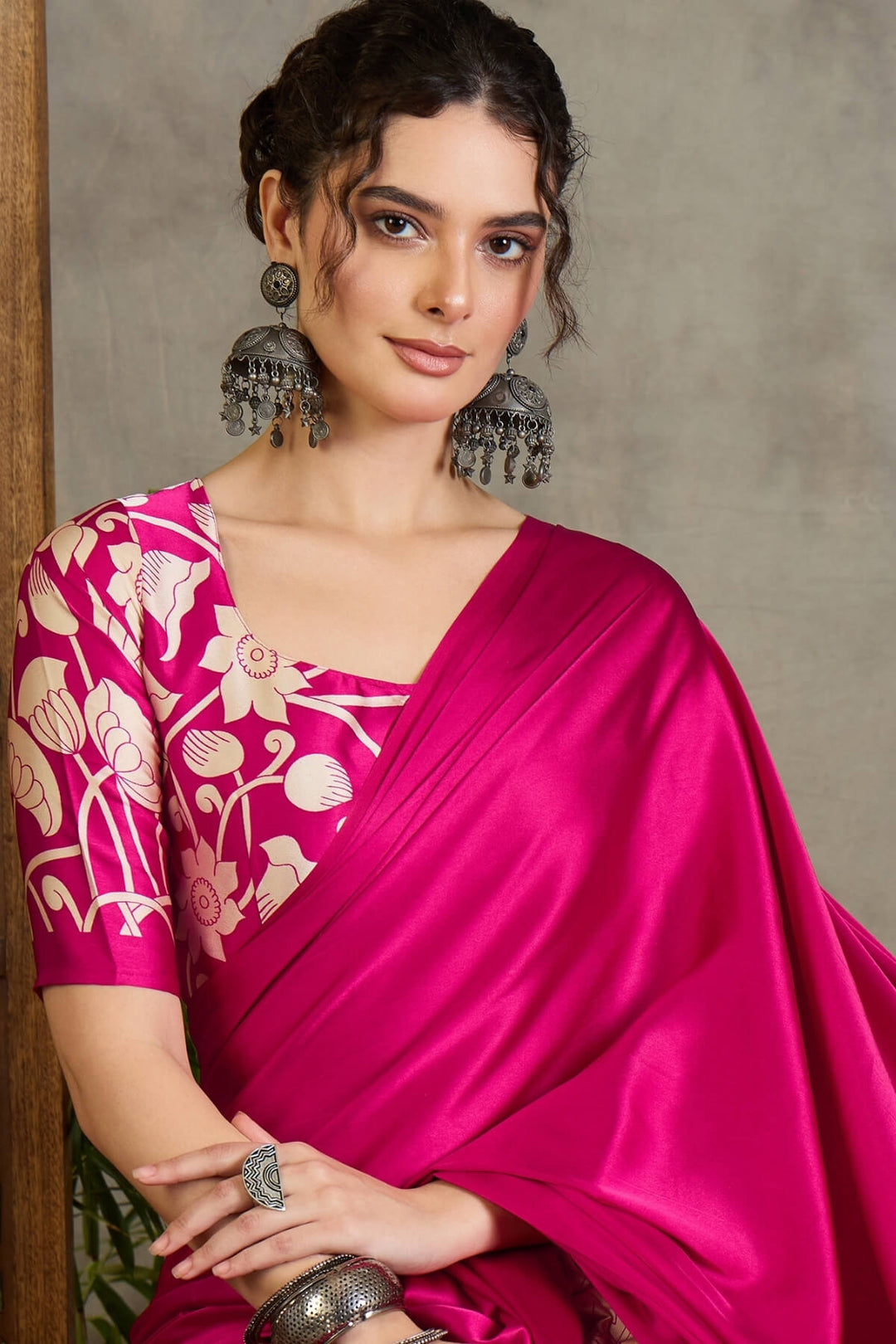 Deep Pink Printed Satin Silk Saree