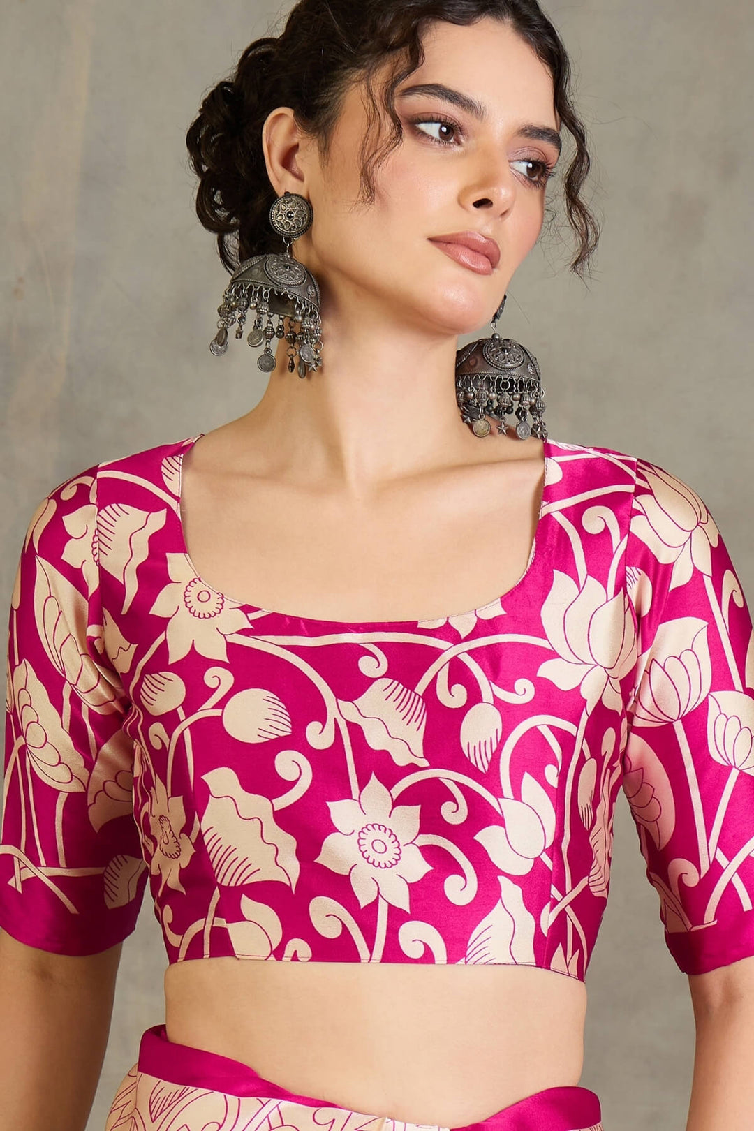 Deep Pink Printed Satin Silk Saree