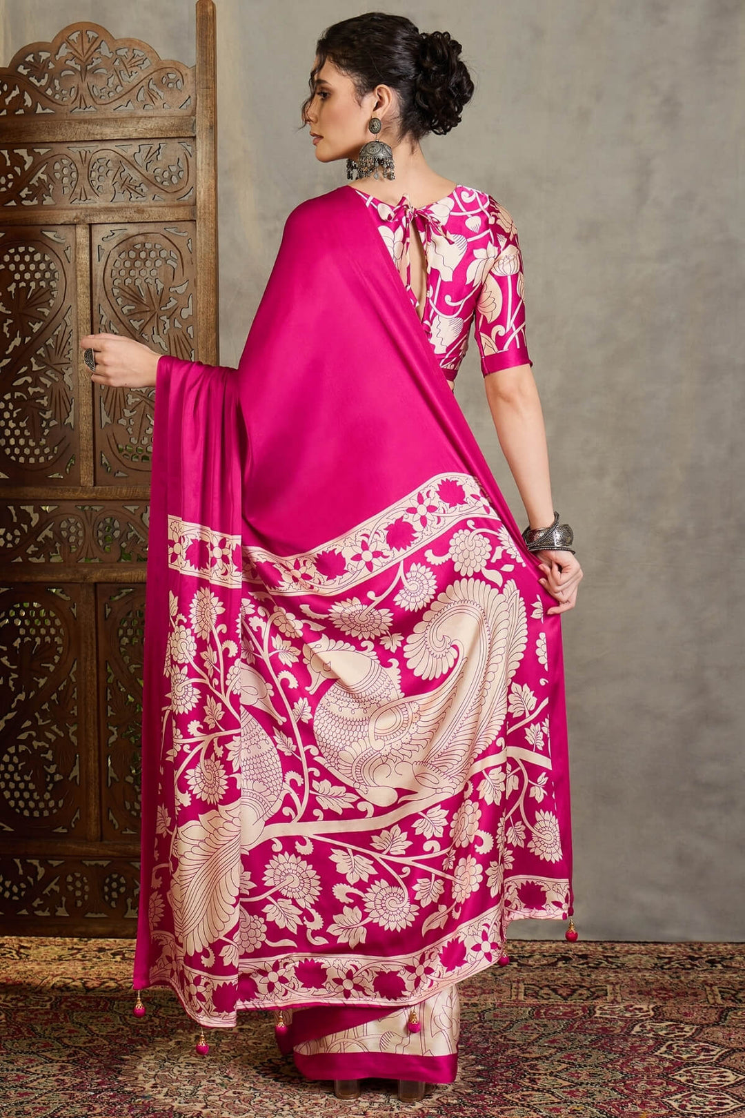 Deep Pink Printed Satin Silk Saree