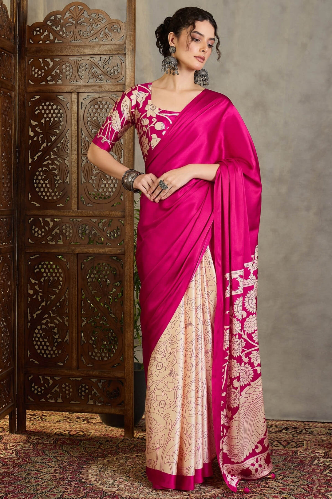 Deep Pink Printed Satin Silk Saree