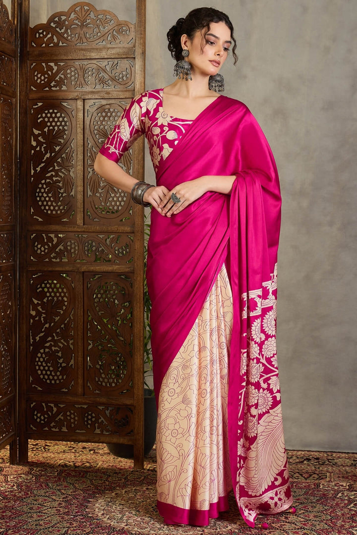 Deep Pink Printed Satin Silk Saree