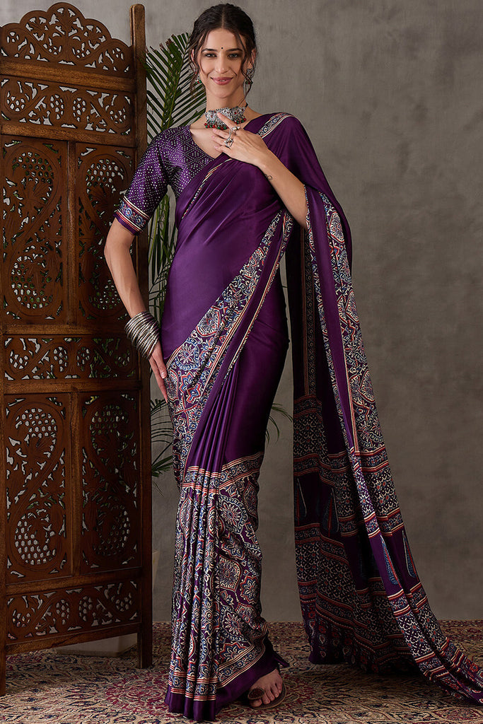 Deep Purple Ajrakh Printed Satin Silk Saree