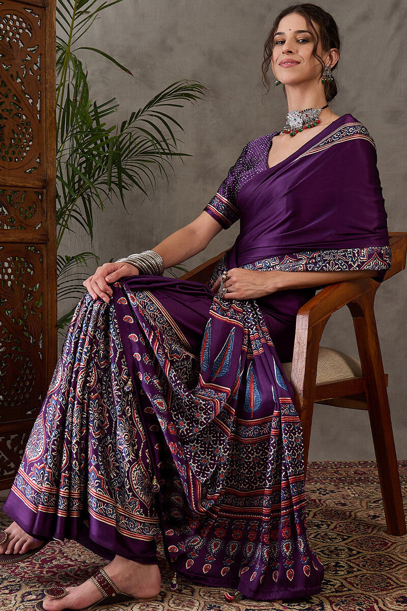 Deep Purple Ajrakh Printed Satin Silk Saree
