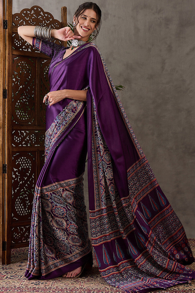 Deep Purple Ajrakh Printed Satin Silk Saree