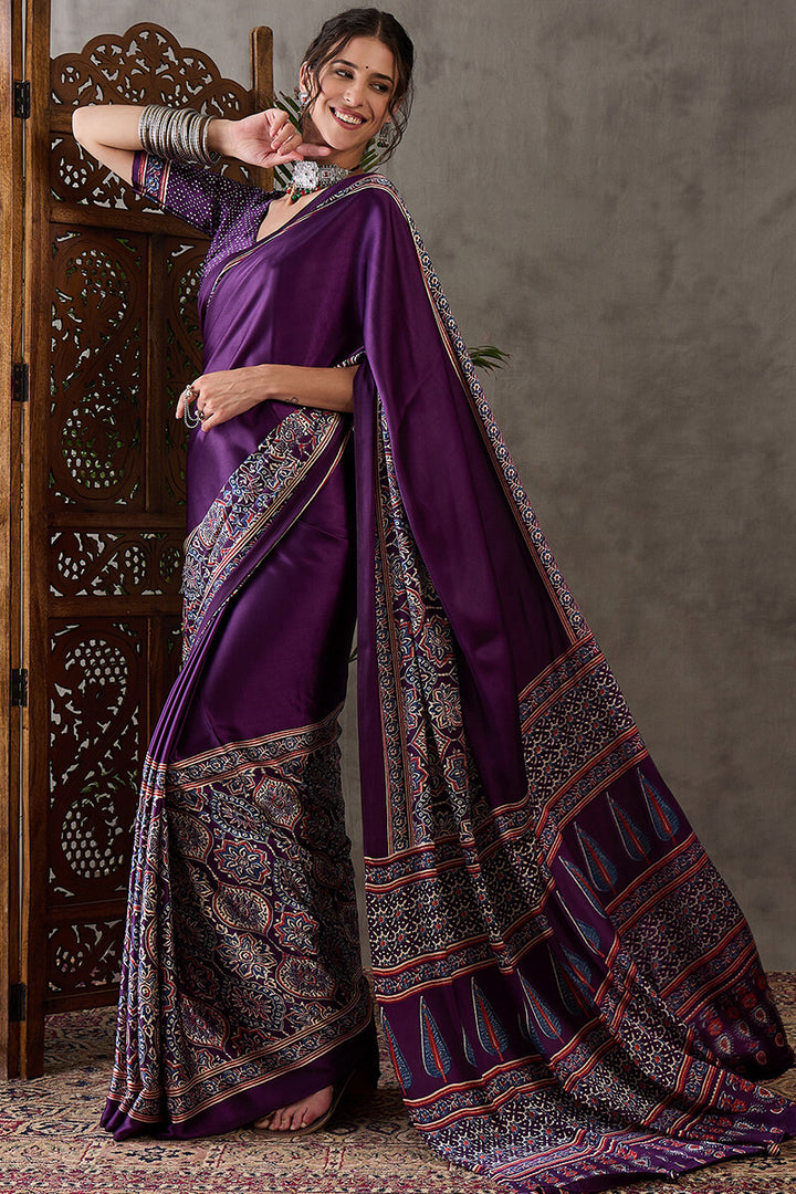 Deep Purple Ajrakh Printed Satin Silk Saree