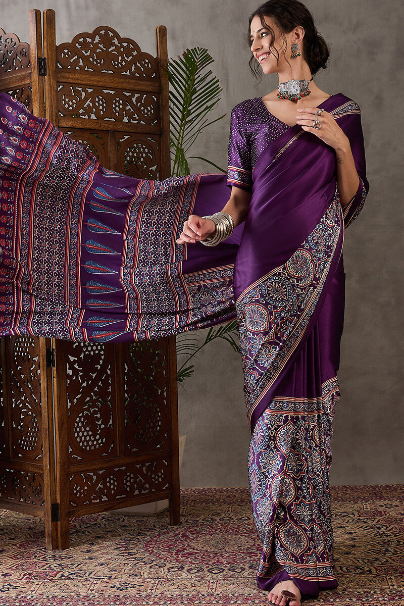 Deep Purple Ajrakh Printed Satin Silk Saree