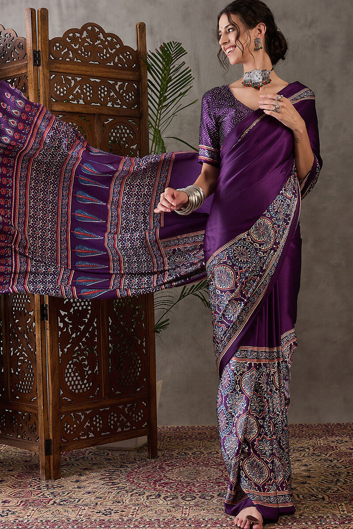 Deep Purple Ajrakh Printed Satin Silk Saree