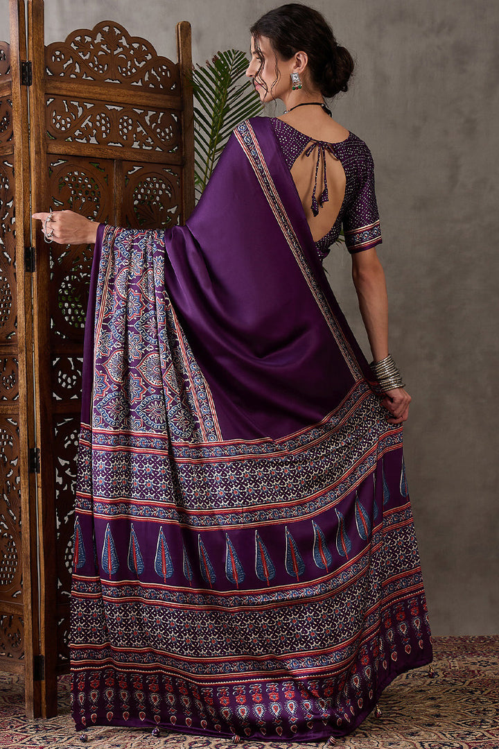 Deep Purple Ajrakh Printed Satin Silk Saree
