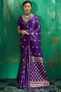 Deep Purple Zari woven Banarasi Satin silk saree