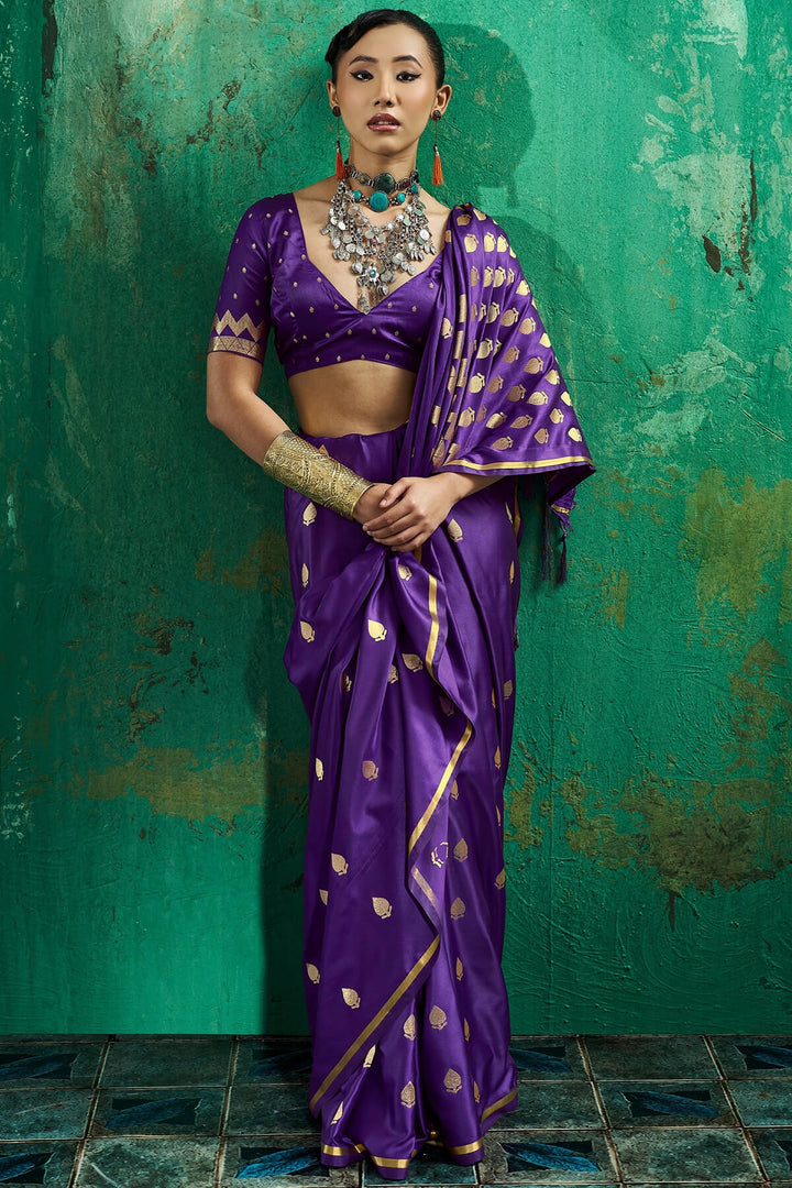 Deep Purple Zari woven Banarasi Satin silk saree