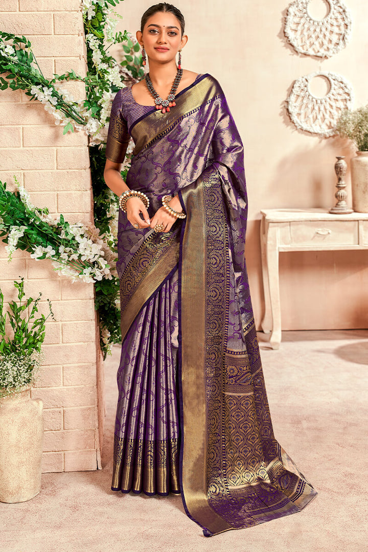 Deep Purple Zari Woven Kanjivaram Silk Saree