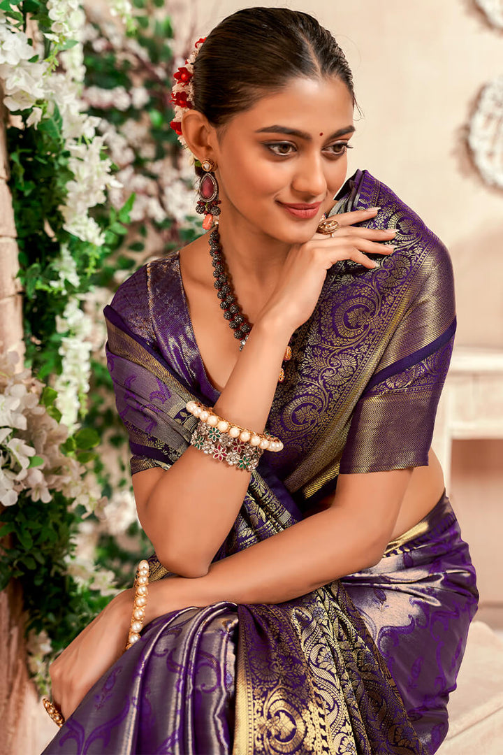 Deep Purple Zari Woven Kanjivaram Silk Saree