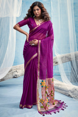 Deep Purple Zari Woven Pure Munga Cotton saree