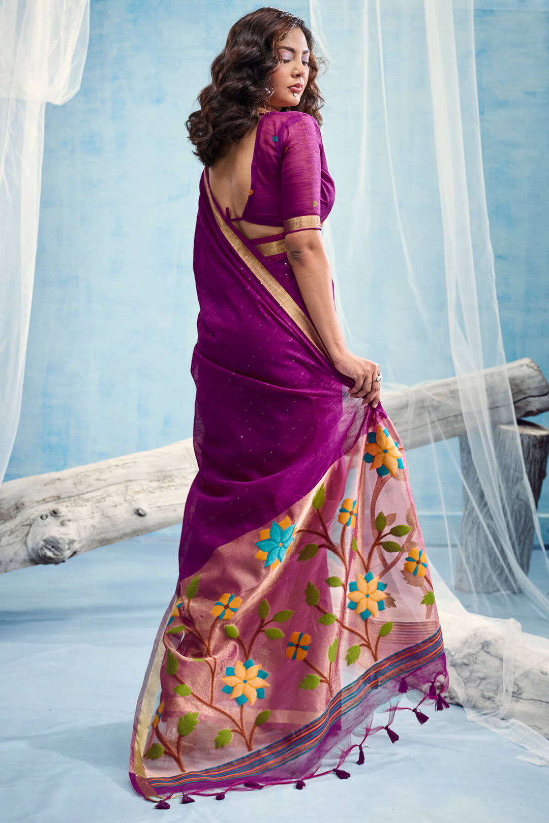 Deep Purple Zari Woven Pure Munga Cotton saree