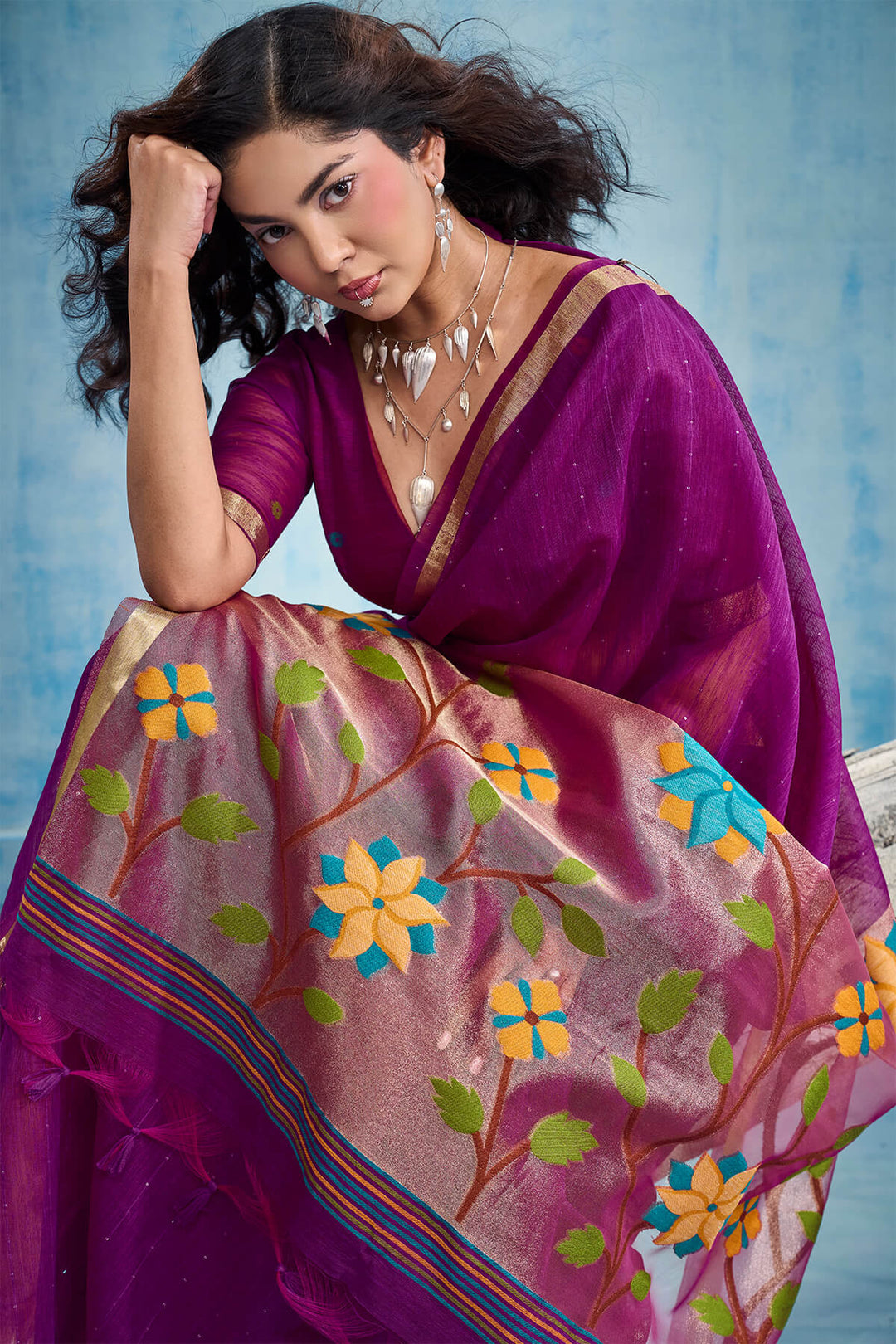 Deep Purple Zari Woven Pure Munga Cotton saree