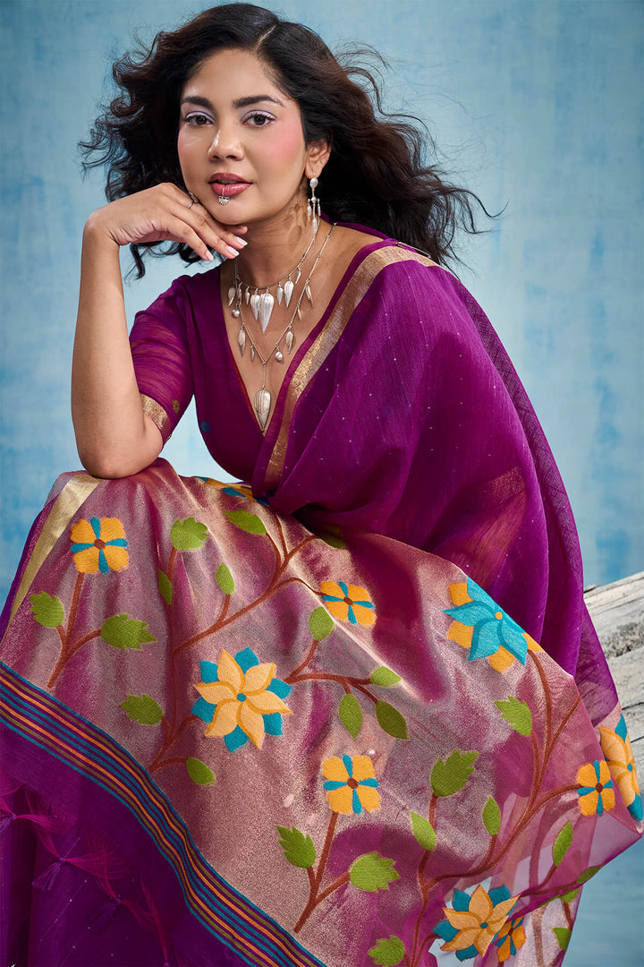 Deep Purple Zari Woven Pure Munga Cotton saree