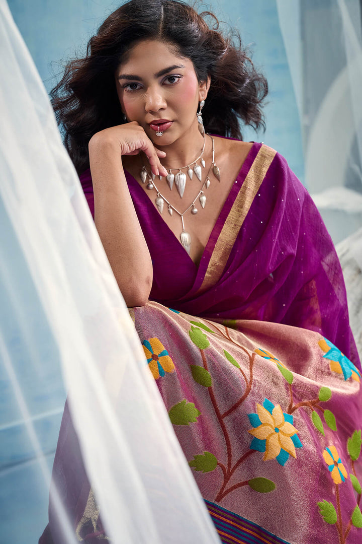 Deep Purple Zari Woven Pure Munga Cotton saree