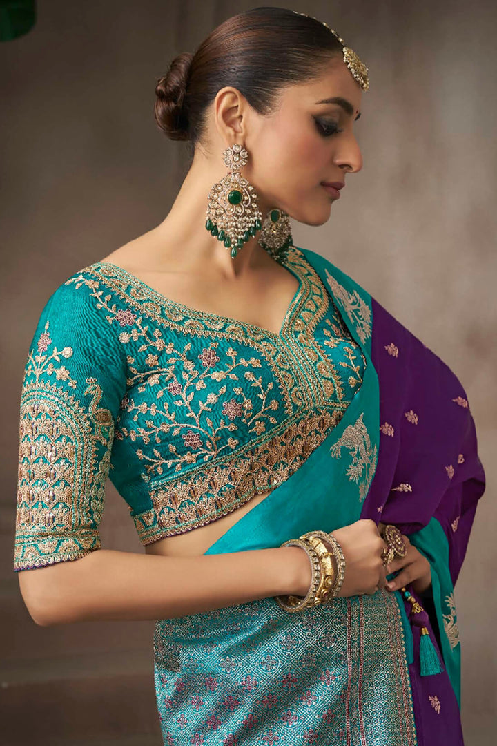 Deep Purple Zari Woven Satin Silk Saree With Heavy Embroidery Blouse Piece