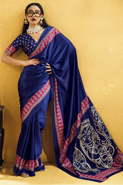 Deep Sapphire Blue Ajrakh Printed Satin Silk Saree