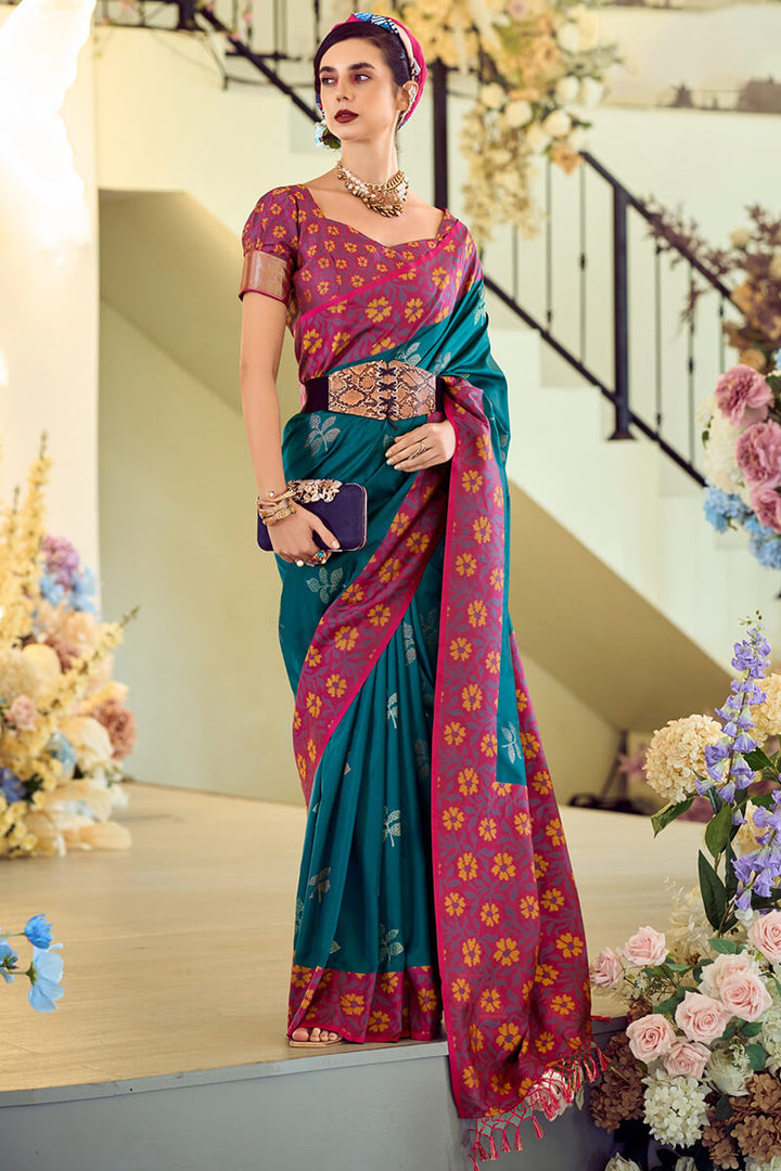 Deep Sea Blue Soft Silk Saree with Ikkat Border