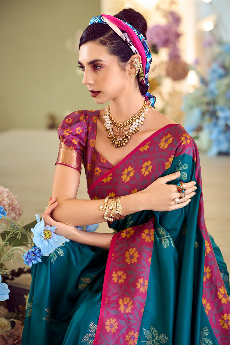 Deep Sea Blue Soft Silk Saree with Ikkat Border