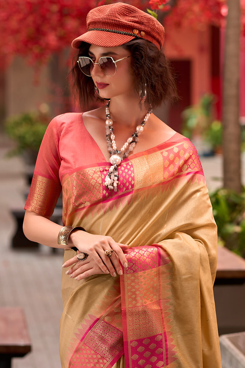 Desert Beige Woven Soft Banarasi Silk Saree