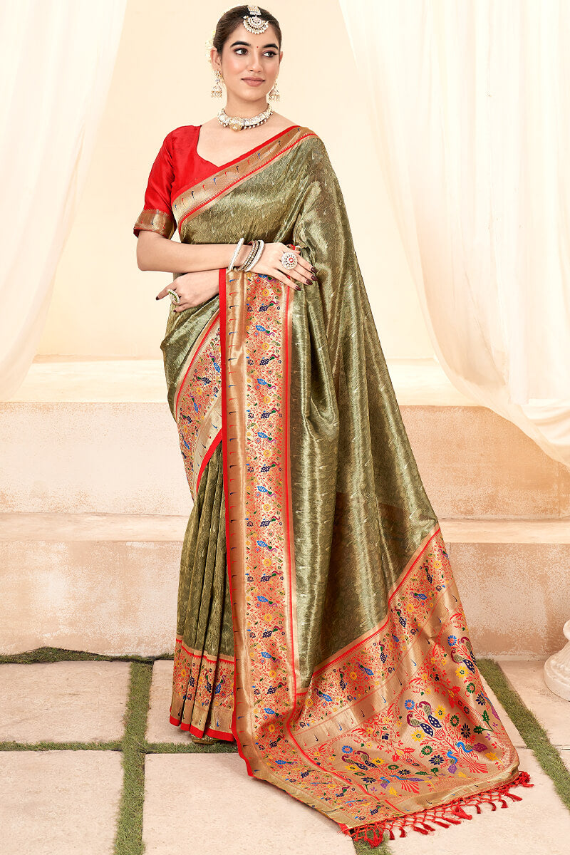 Dirt Brown Paithani Tissue Silk Saree