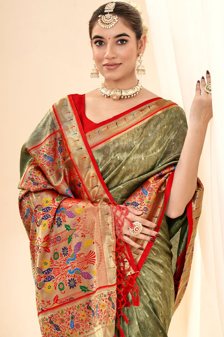 Dirt Brown Paithani Tissue Silk Saree