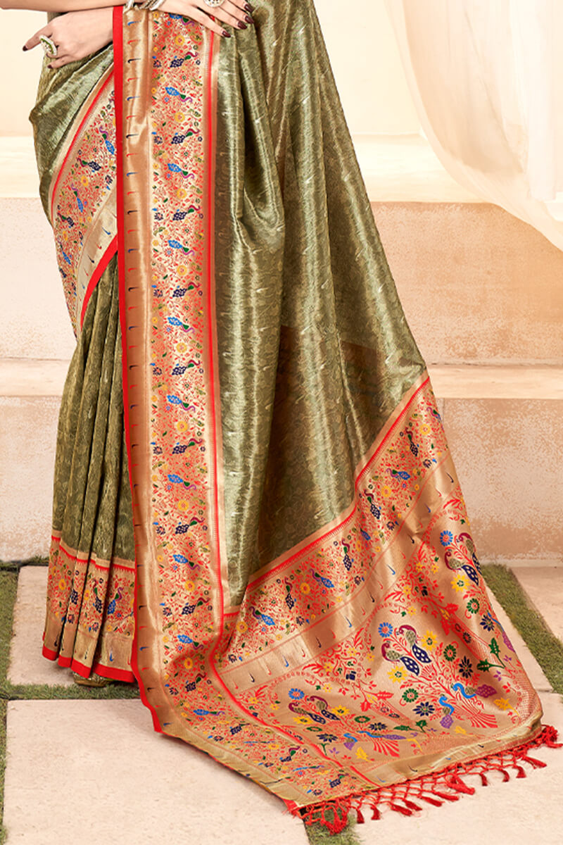 Dirt Brown Paithani Tissue Silk Saree