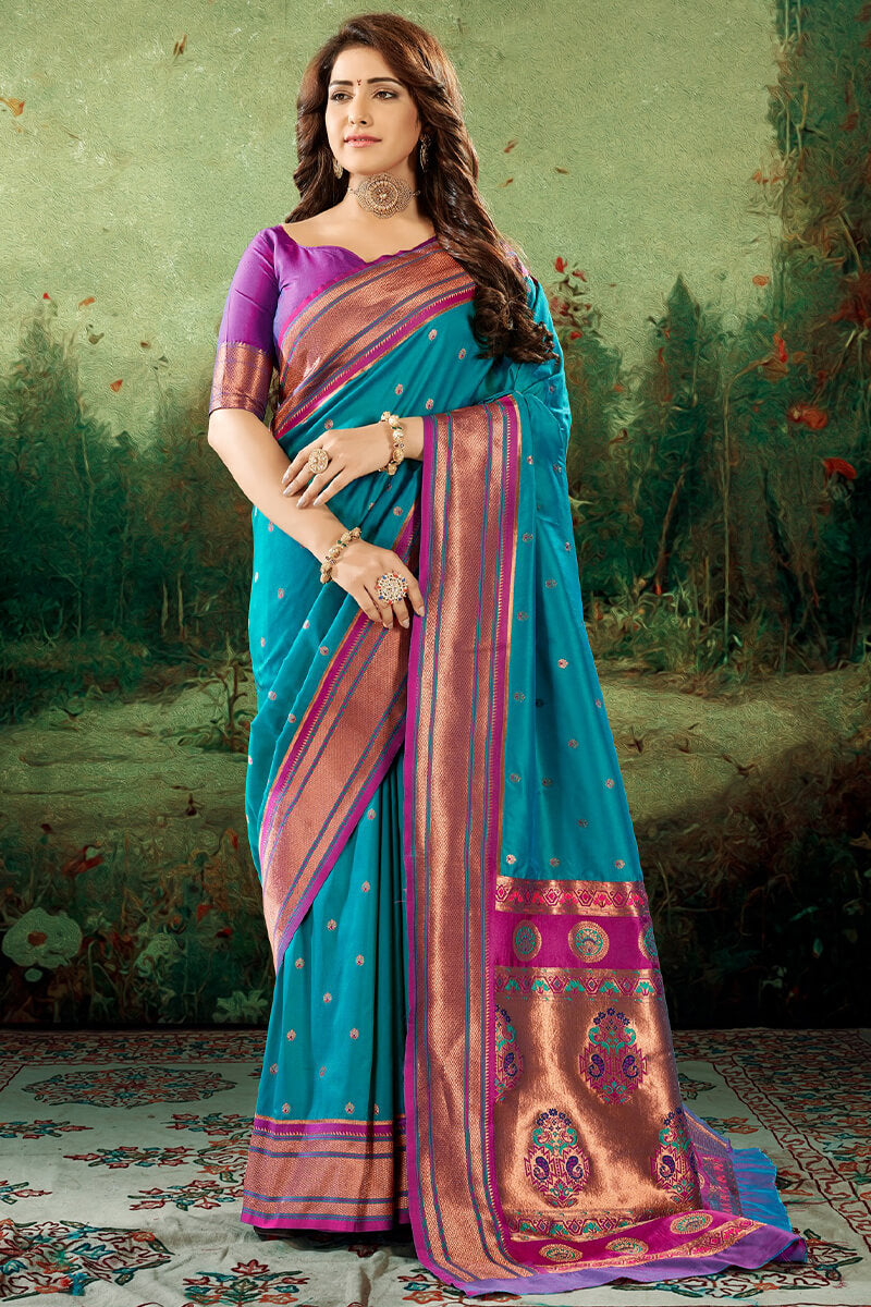 Dirty Blue Zari Woven Paithani Silk Saree