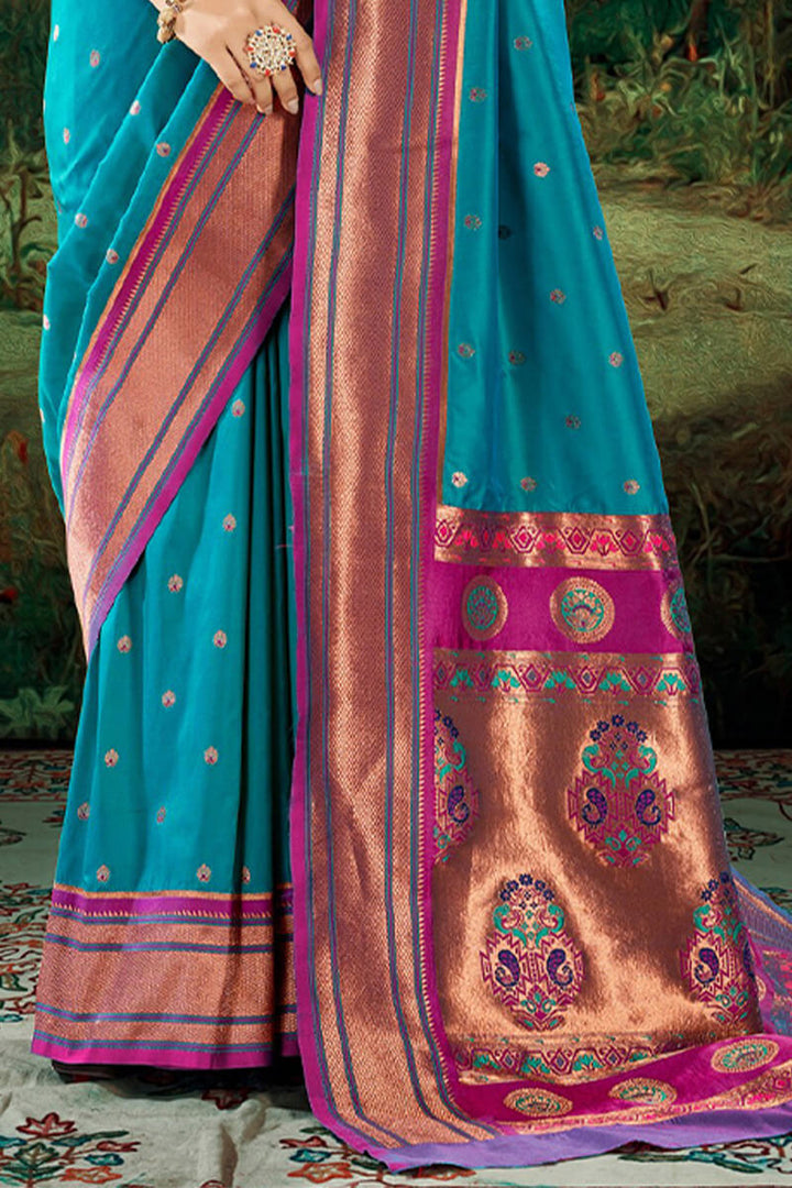 Dirty Blue Zari Woven Paithani Silk Saree