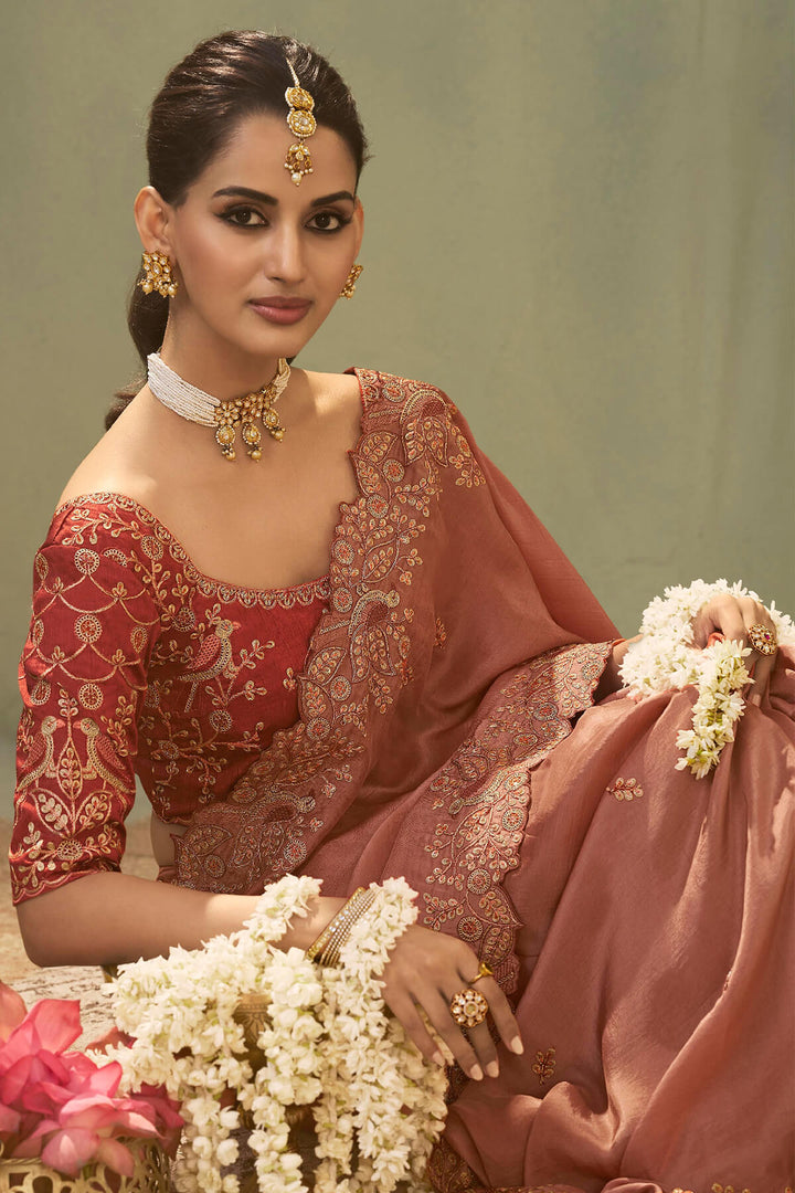 Dirty Pink Embroidery saree with Designer Embroidery Blouse