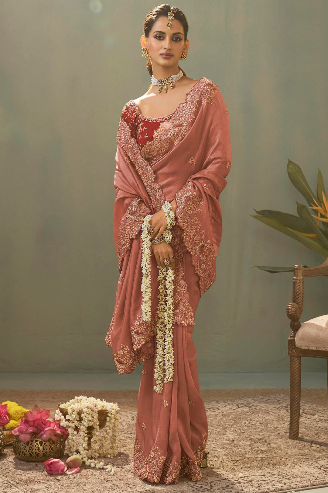 Dirty Pink Embroidery saree with Designer Embroidery Blouse