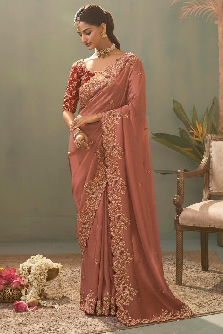Dirty Pink Embroidery saree with Designer Embroidery Blouse