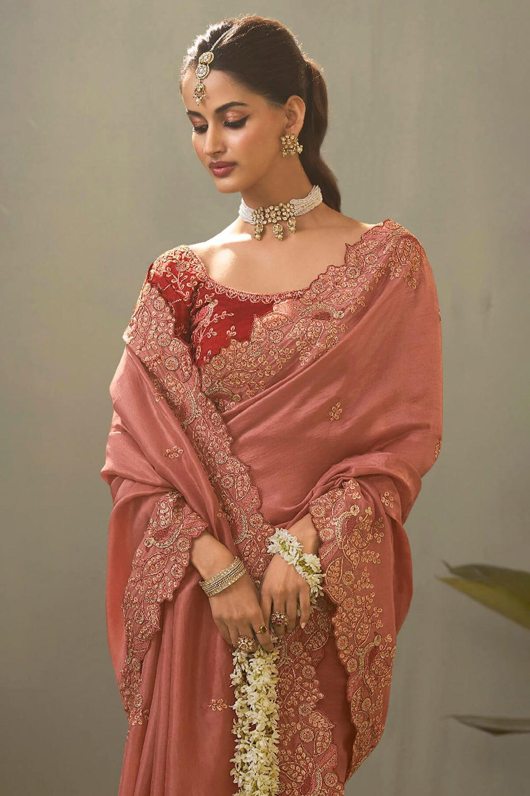 Dirty Pink Embroidery saree with Designer Embroidery Blouse