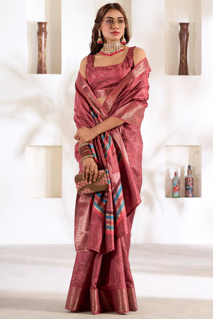 Dirty Pink Foil Printed Dola silk saree